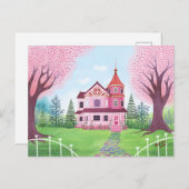 Pink Viktorianisch House & Cherry Blossom Postkarte (Vorne/Hinten)