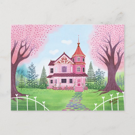 Pink Viktorianisch House & Cherry Blossom Postkarte (Vorderseite)