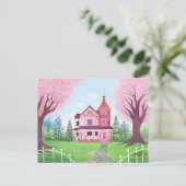 Pink Viktorianisch House & Cherry Blossom Postkarte (Stehend Vorderseite)