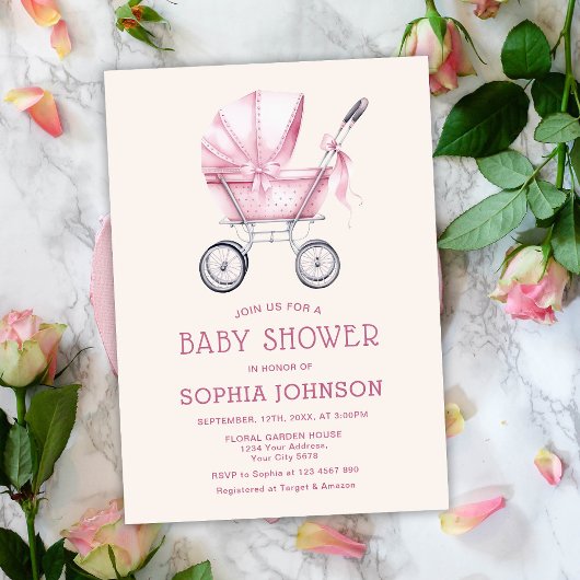 Pink Vintag Baby Carriage Baby Dusche Einladung