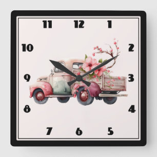 Pink Vintag Bauer Truck Quadratische Wanduhr