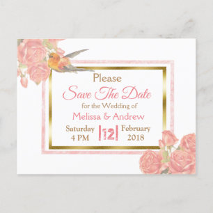 PInk Vintag Bird Floral Wedding Save the Date Ankündigungspostkarte