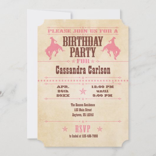 Pink Vintag Cowboy Geburtstagseinladung Einladung (Vorderseite)