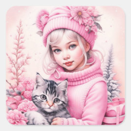 Pink Vintag Girl and Kitten Weihnachten Quadratischer Aufkleber
