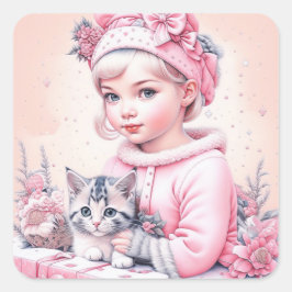 Pink Vintag Girl and Kitten Weihnachten Quadratischer Aufkleber