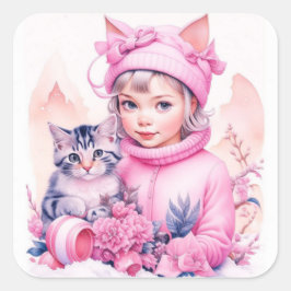 Pink Vintag Girl und Grau Kitten Weihnachten Quadratischer Aufkleber