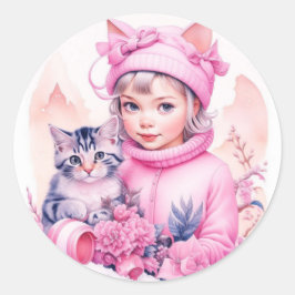 Pink Vintag Girl und Grau Kitten Weihnachten Runder Aufkleber