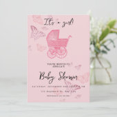 Pink Vintag Pram Stroller Baby Girl Dusche Einladung (Stehend Vorderseite)