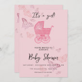 Pink Vintag Pram Stroller Baby Girl Dusche Einladung (Vorne/Hinten)