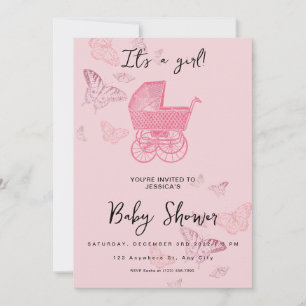 Pink Vintag Pram Stroller Baby Girl Dusche Einladung
