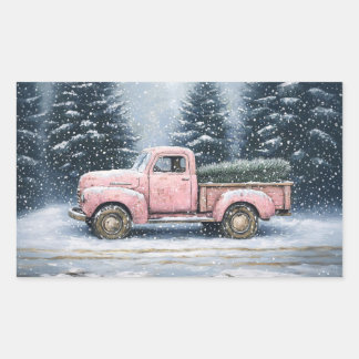 Pink Vintag Truck Weihnachtsbaum Rechteckiger Aufkleber