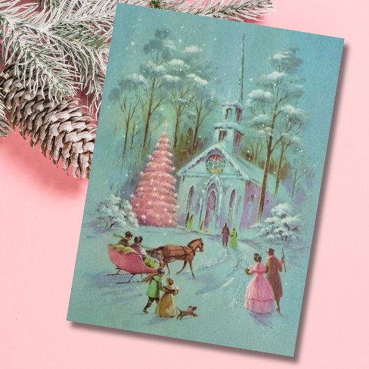 Pink Vintag Winter Weihnachtskirche Feiertagskarte