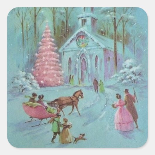 Pink Vintag Winter Weihnachtskirche Quadratischer Aufkleber (Vorderseite)