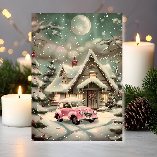 Pink Vintage Car Winter Wonderland Karte