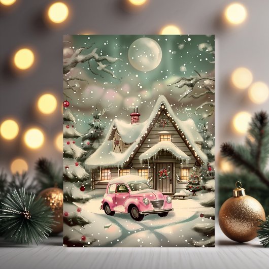 Pink Vintage Car Winter Wonderland Karte