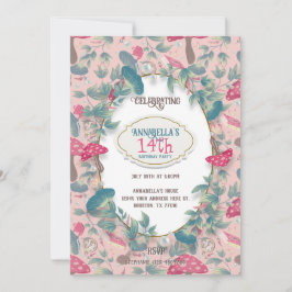 Pink Vintage Cottagecore Mushroom Birthday Einladung