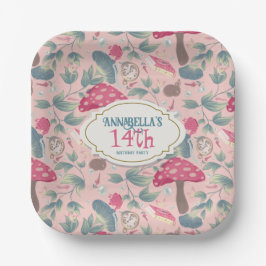 Pink Vintage Cottagecore Mushroom Birthday Pappteller