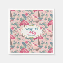 Pink Vintage Cottagecore Mushroom Birthday Serviette