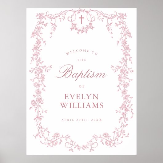 Pink Vintage Elegant Floral Baptism Welcome Poster (Vorne)