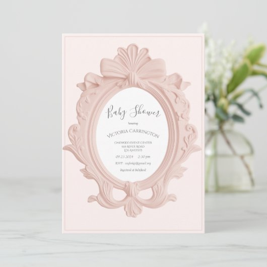 Pink Vintage Frame Baby Shower Einladung (Stehend Vorderseite)