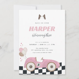 Pink Vintage Race Car Girl Birthday Invite Einladung