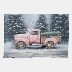 Pink Vintager LKW Hauling ein Weihnachtsbaum Geschirrtuch