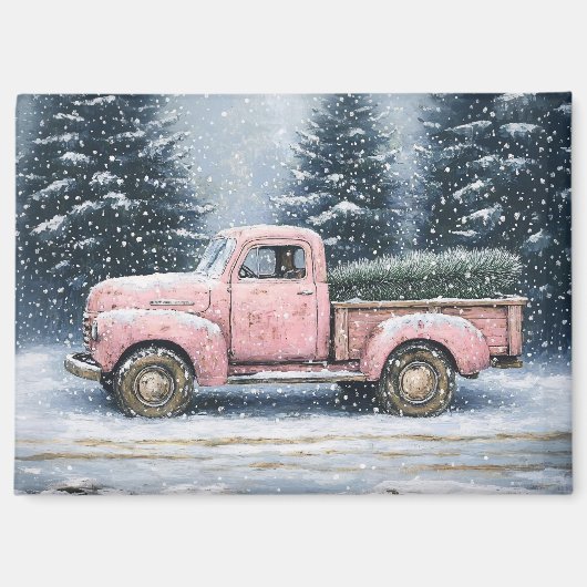 Pink Vintager LKW Hauling ein Weihnachtsbaum Magnet (Vorderseite)