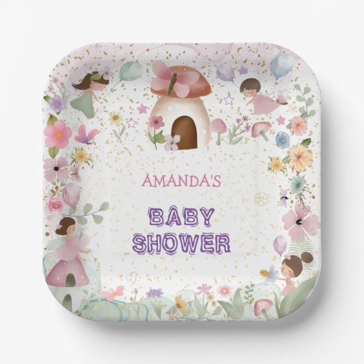 Pink Violet Fairy Baby Girl Dusche Blumenwald Pappteller (Vorderseite)