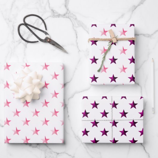 Pink Violet Lila Stars Weiß Geschenkpapier Set (Vorderseite)