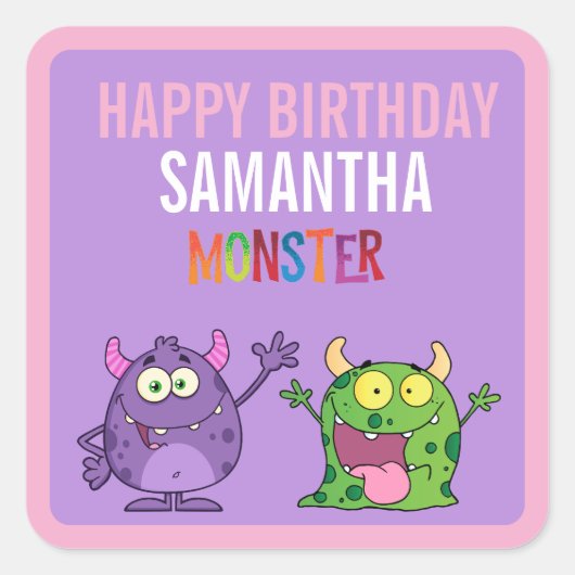 Pink violet monster Fun kids  Quadratischer Aufkleber (Vorderseite)