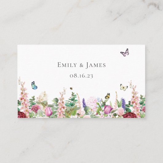 Pink-violette Blumen mit Schmetterlingsblumen und Platzkarte (Rückseite)