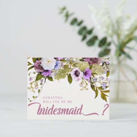 Pink-violette Blumen werden Sie meine Bridesmaid-K Postkarte (Stehend Vorderseite)