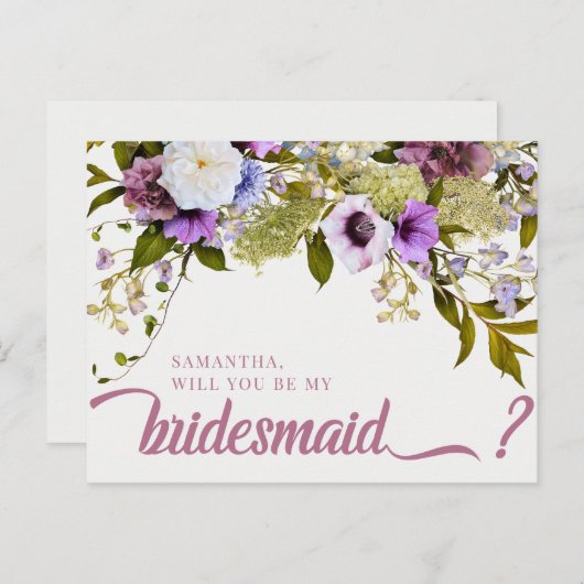 Pink-violette Blumen werden Sie meine Bridesmaid-K Postkarte (Vorne/Hinten)