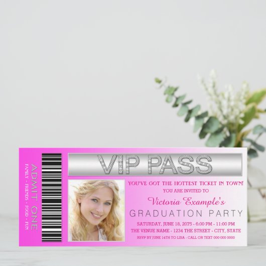 Pink VIP Pass Admission Ticket Graduation Party Einladung (Stehend Vorderseite)