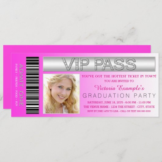 Pink VIP Pass Admission Ticket Graduation Party Einladung (Vorne/Hinten)