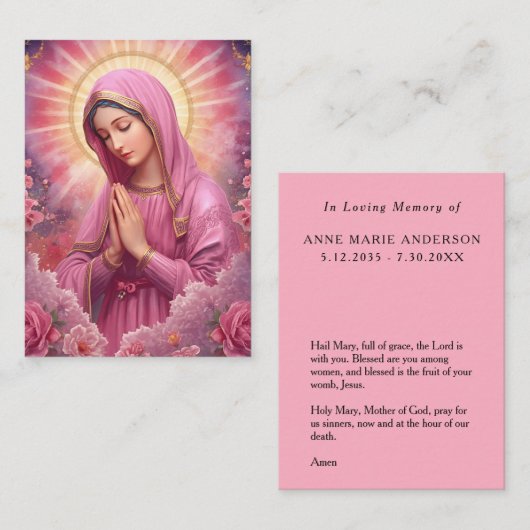 Pink VIrgin Mary Memorial Card Telefonnummerkarte (Vorne/Hinten)