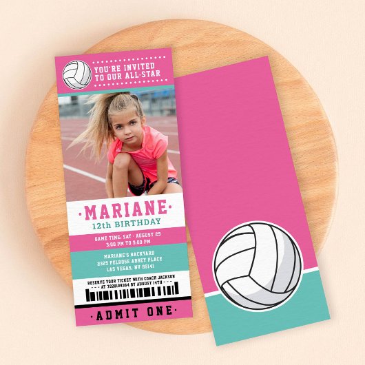 Pink Volleyball Ticket Geburtstag Foto Einladung