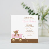 Pink Wagon Bear Babydusche Einladung (Stehend Vorderseite)