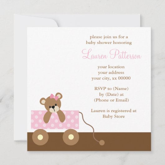 Pink Wagon Bear Babydusche Einladung (Vorderseite)