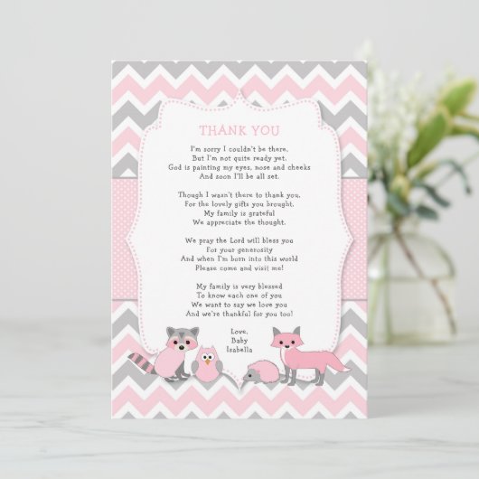 Pink-Waldtierdusche danke Einladung (Stehend Vorderseite)