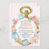 Pink Watch Alice in Onederland 1. Geburtstag Einladung (Vorne/Hinten)