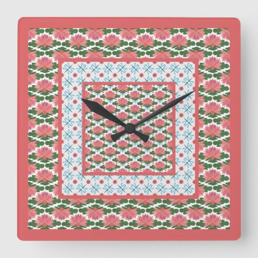 Pink Water Lilies Dragonflies Pendant Wall Clock Quadratische Wanduhr (Vorderseite)