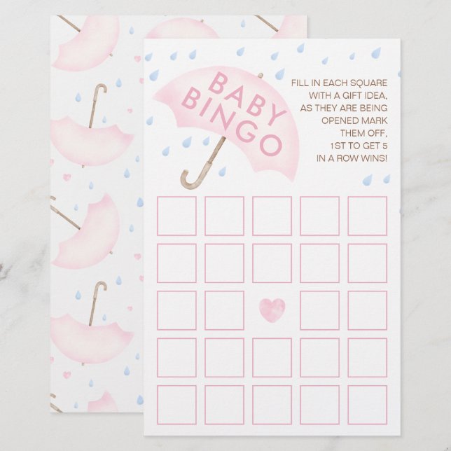 Pink Watercolor Baby Bingo Game Card (Vorne/Hinten)