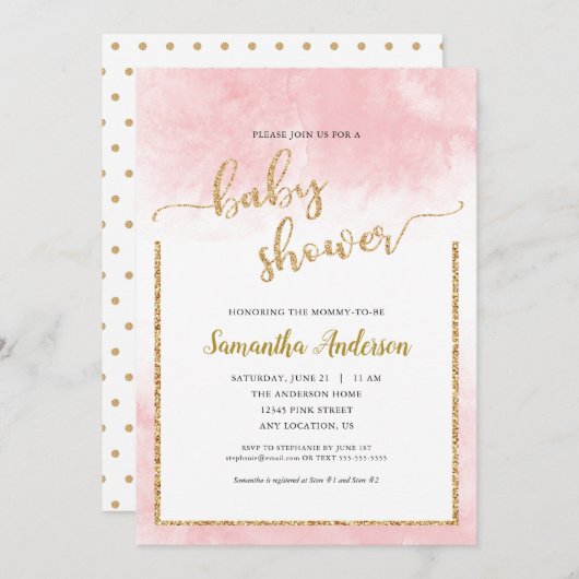 Pink Watercolor Baby Dusche Gold Glitzer Script Einladung (Vorne/Hinten)