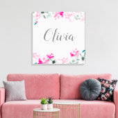 Pink Watercolor Baby Girl Name Blumenmauer Kunst Leinwanddruck (Insitu (Wohnzimmer))