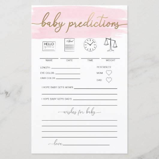 Pink Watercolor Baby Predictions Game (Vorderseite)