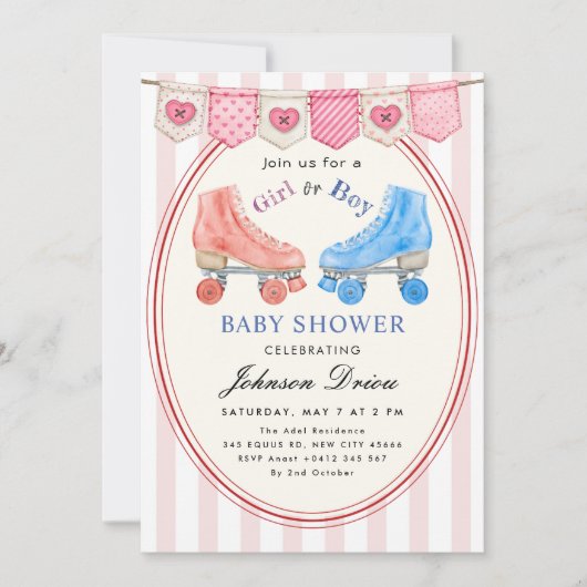 Pink Watercolor Baby Shower | Roller Skate Einladung (Vorderseite)