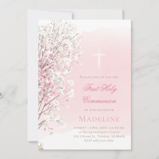 pink watercolor baby's breath | First Communion Einladung (Vorderseite)