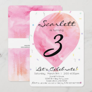 Pink Watercolor Ballon Kleine Girl Geburtstag Einladung