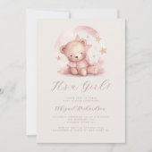 Pink Watercolor Bear Girl QR Code Kinderdusche Einladung (Vorderseite)